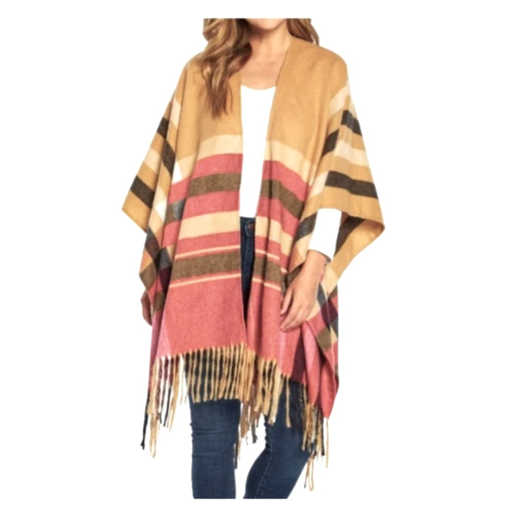 *GIFTED NWT Woolrich Boho Native American PonchoWrap Tan Red Plaid Burberry type - Picture 10 of 11